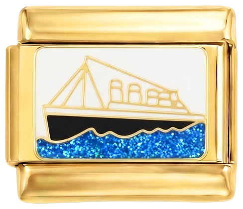 Golden and Black Ship with Blue Sea on Gold