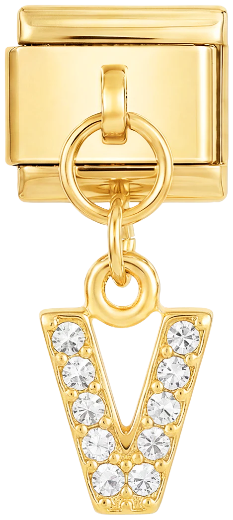 Letter V with stones, Hanging, on Gold